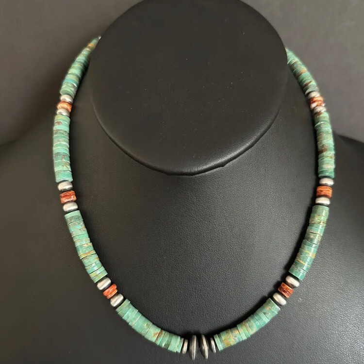 Mens Sterling Silver Green Turquoise Heishi Spiny Bead Necklace. 18 Inch